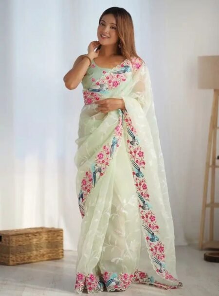 Pista Organza Seqwance work Saree With Blouse Piece