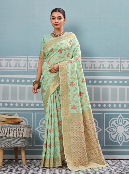 Pista Silk Saree With Matching Blouse Piece