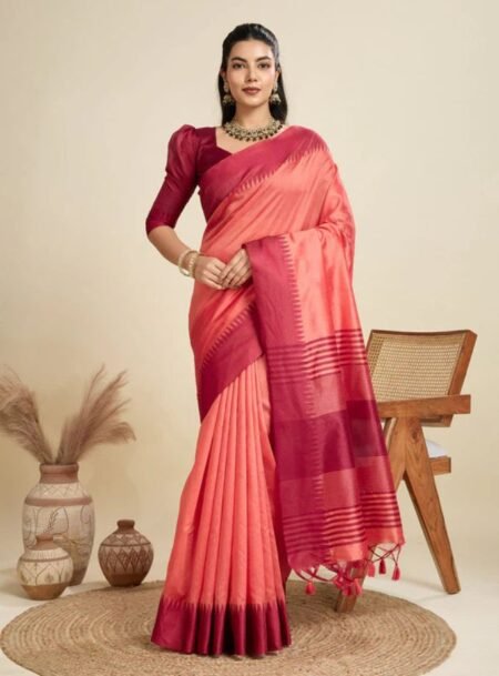 Orange Khadi Raw Silk Saree With Blouse Piece