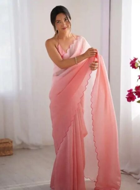 Pink Crunchy Padding Arco Border Lace Work Saree With Blouse Piece