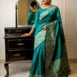 Teal Kalamkari Handloom Raw Silk Saree And Rich Weaving Pallu With Blouse Piece