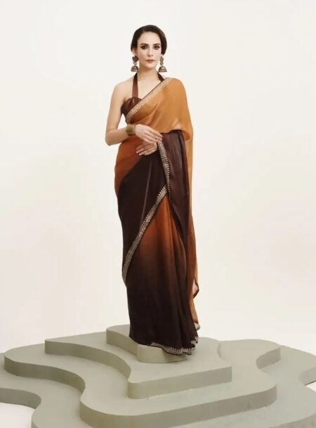 Dual-Tone Brown Embellished Beads And Stone Chiffon Saree