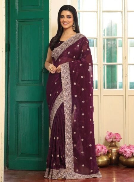 Wine Fancy Zari Embroidered Pure Chiffon Saree With Blouse Piece