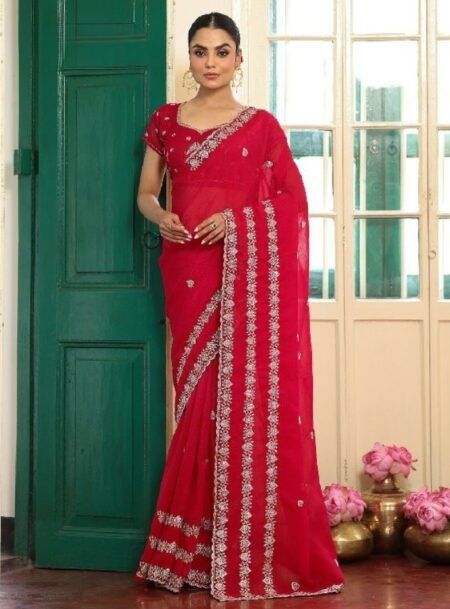 Red Fancy Zari Embroidered Satin Saree With Blouse Piece