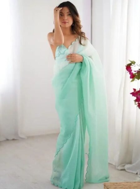 Green Crunchy Padding Arco Border Lace Work Saree With Blouse Piece