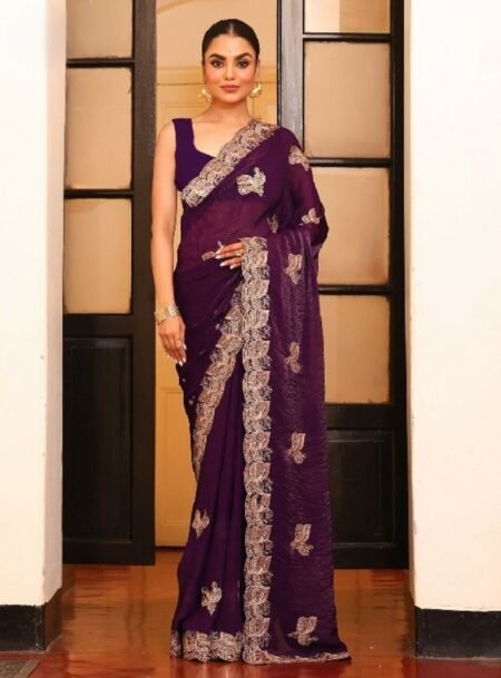 Wine Fancy Zari Embroidered Satin Saree With Blouse Piece