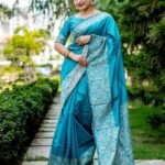 Blue Kalamkari Handloom Raw Silk Saree And Rich Weaving Pallu With Blouse Piece
