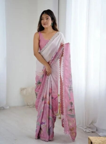 Multi Colour Satin Georgette With Hand Print & Daimond And Cutdana Work Saree With Blouse Piece