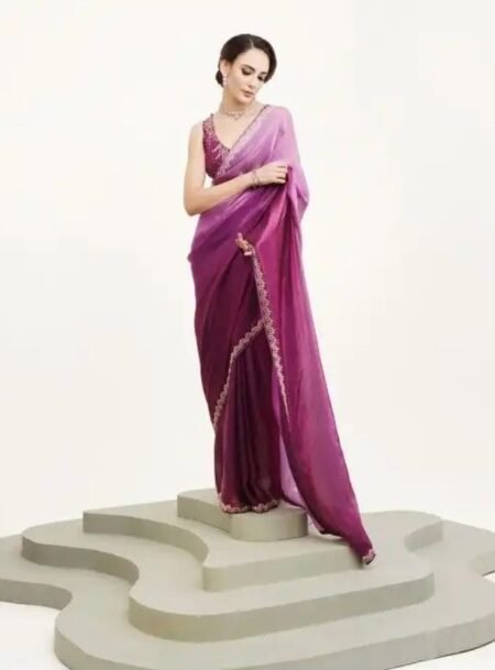 Purple Ombre Embellished Beads And Stone Satin Fancy Saree