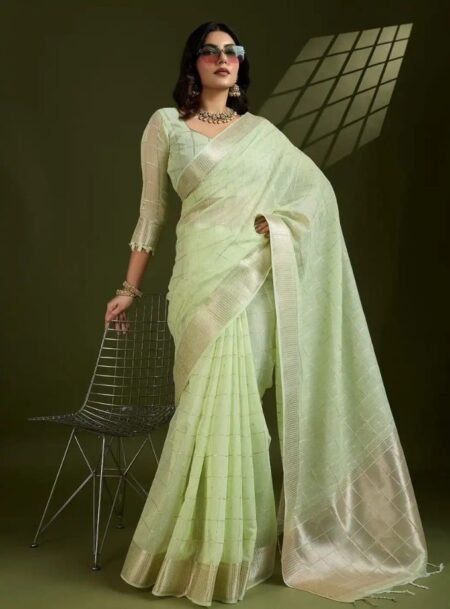 Pista Soft Tissue Linen Gota Patti Silk Saree With Blouse Piece