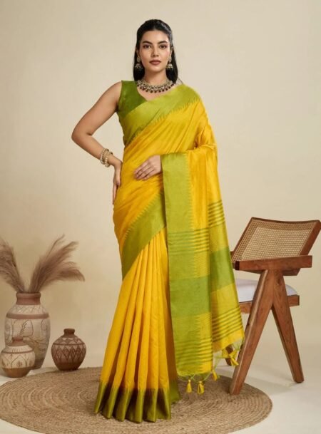 Yellow Khadi Raw Silk Saree With Blouse Piece