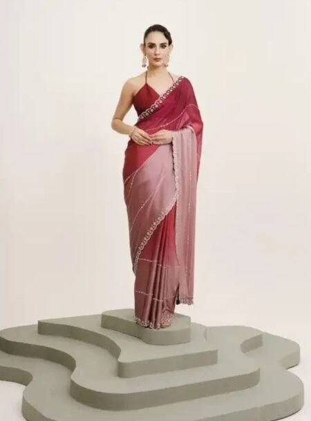 Dual Tone Red and Rose Pink Embellished Beads And Stone Chiffon Saree