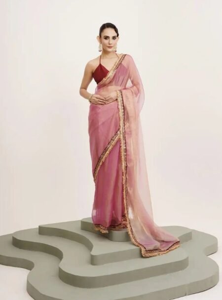 Blush Pink Embellished Sequinned Tissue Fancy Saree