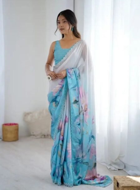 Multi Colour Satin Georgette With Hand Print & Daimond And Cutdana Work Saree With Blouse Piece