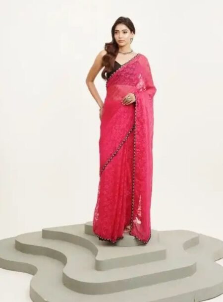 Pink Embellished Beads And Stone Brasso Fancy Saree