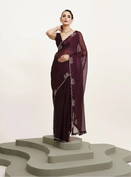 Wine Purple Embellished Beads And Stone Chiffon Saree