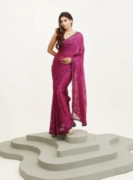 Wine Embellished Beads And Stone  Brasso Fancy Saree