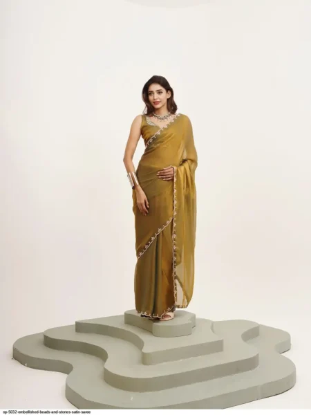 Olive Gold Embellished Beads And Stone Satin Fancy Saree