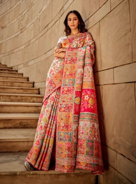 Off White Kashmiri Pashmina Modal Silk Saree With Blouse Piece