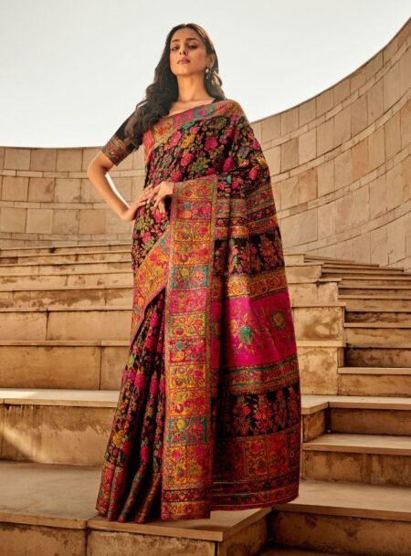 Black Kashmiri Pashmina Modal Silk Saree With Blouse Piece