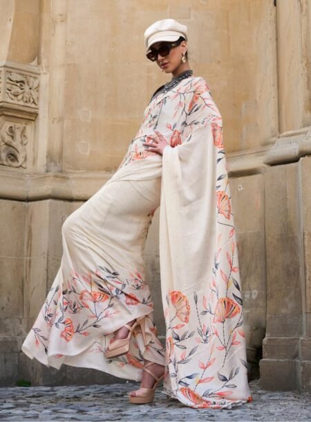 Orange And Black Printed Satin Crep Saree With Blouse Piece