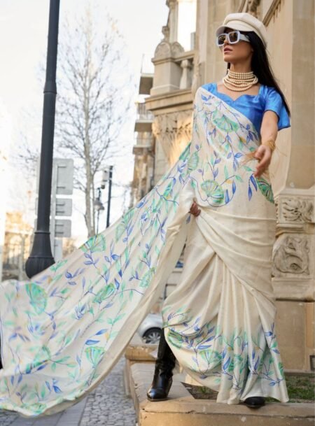 Blue And Green Printed Satin Crep Saree With Blouse Piece