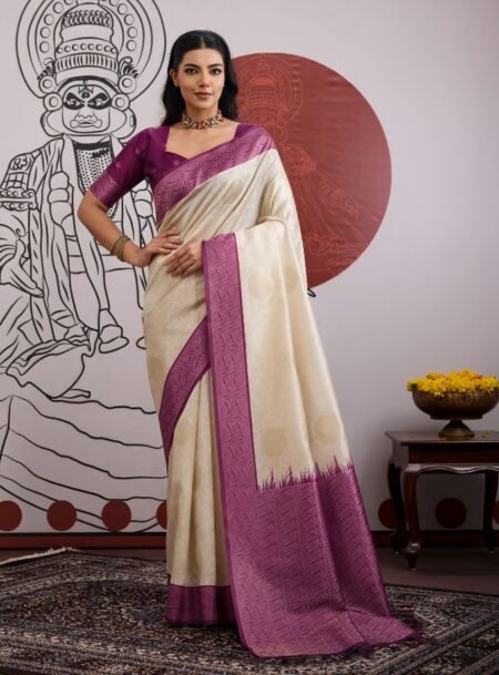 Ivory Saree And Rich Purple Border Banarasi Saree With Blouse Piece