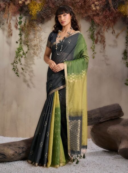 Charcoal Grey And Olive Green Viscose Cotton Saree With Blouse Piece