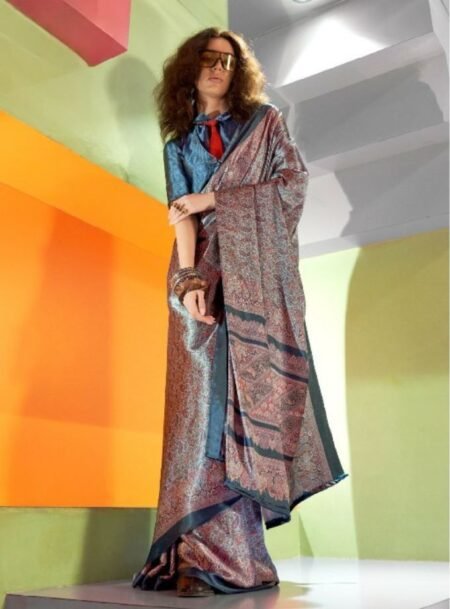 Spanish Satin With Kashmiri Printed Saree With Blouse Piece