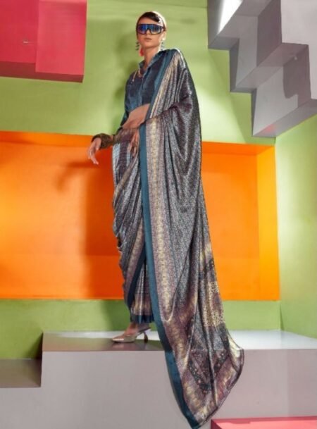 Spanish Satin With Kashmiri Printed Saree With Blouse Piece