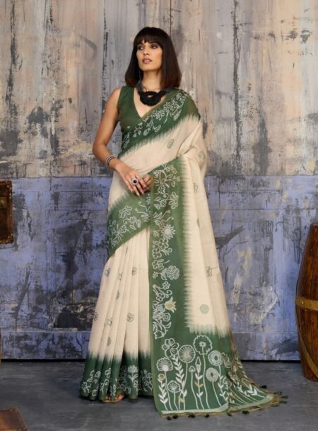 Deep Olive Green Munga Cotton Handloom Weaving Saree With Blouse Piece