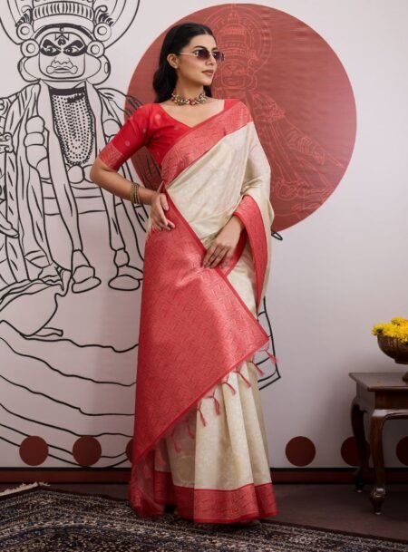 Ivory Saree And Rich Red Border Banarasi Saree With Blouse Piece