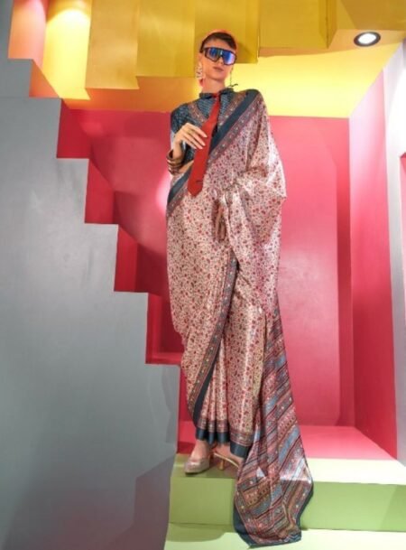 Spanish Satin With Kashmiri Printed Saree With Blouse Piece