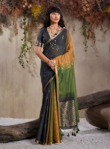 Charcoal Grey And Olive Green, Mustard Yellow Viscose Cotton Saree With Blouse Piece