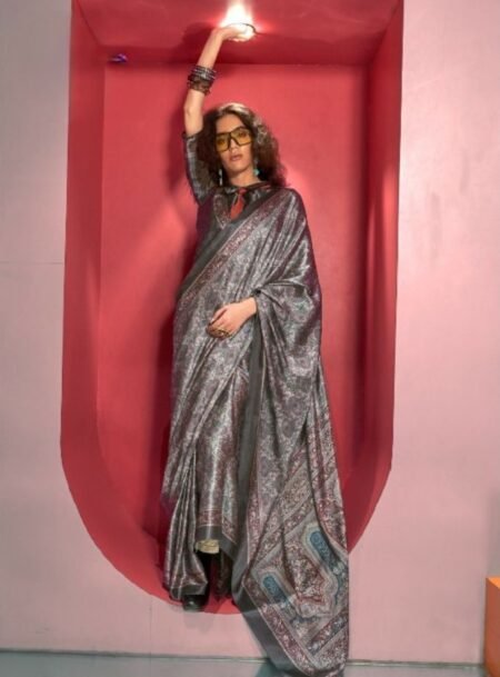 Spanish Satin With Kashmiri Printed Saree With Blouse Piece