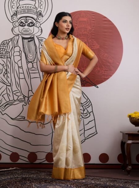 Ivory Saree And Rich Yellow Border Banarasi Saree With Blouse Piece
