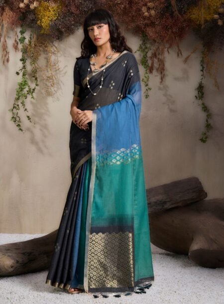 Charcoal Grey And Teal Blue & Emerald Green Viscose Cotton Saree With Blouse Piece
