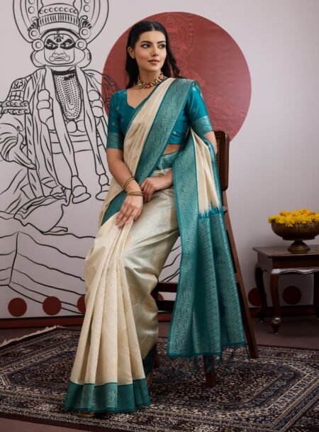 Ivory Saree And Rich Blue Border Banarasi Saree With Blouse Piece