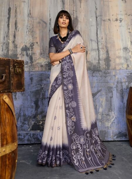 Smokey Grey Munga Cotton Handloom Weaving Saree With Blouse Piece