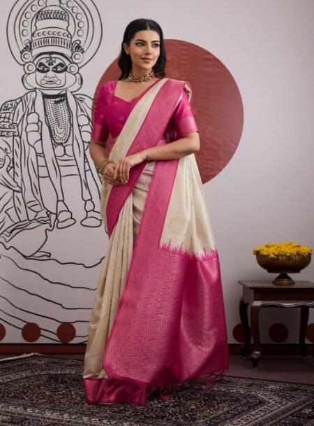 Ivory Saree And Rich Pink Border Banarasi Saree With Blouse Piece