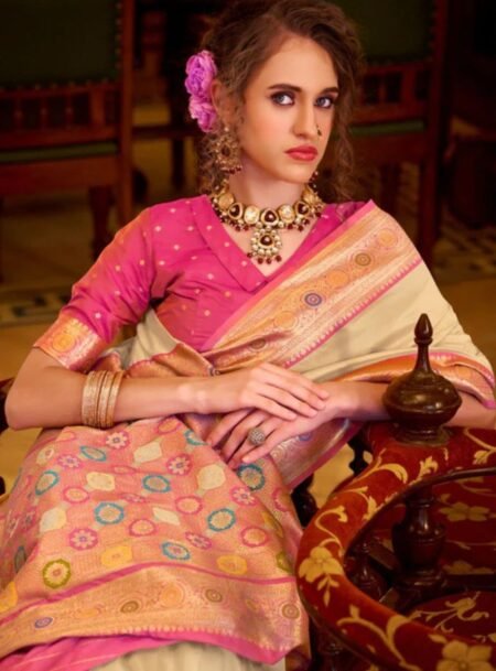 Cream Soft Silk Handloom Weaving Saree With Blouse Piece
