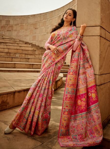 Cream Kashmiri Pashmina Modal Silk Saree With Blouse Piece