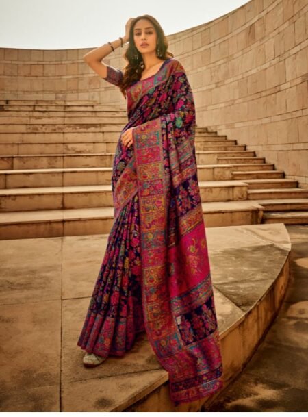 Blue Kashmiri Pashmina Modal Silk Saree With Blouse Piece