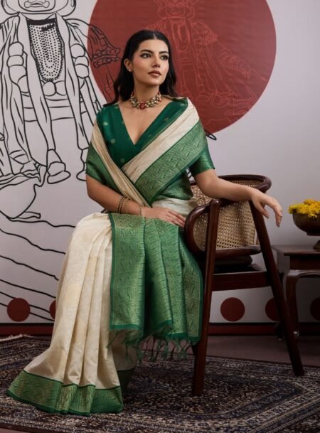 Ivory Saree And Rich Green Border Banarasi Saree With Blouse Piece