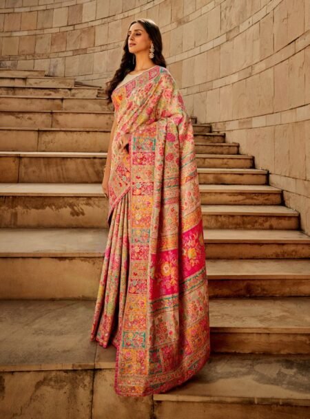 Beige Kashmiri Pashmina Modal Silk Saree With Blouse Piece