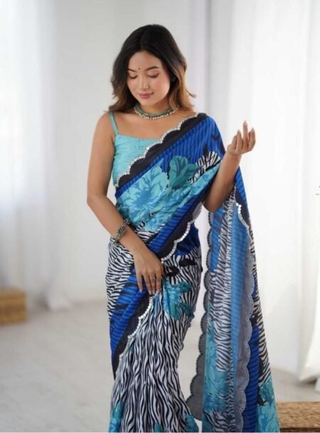 Multicolor Chinon Digital Printed Fancy Saree With Blouse Piece