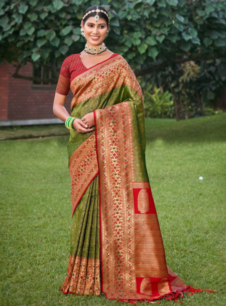 Mehandi Golden Banarasi Silk Saree With Blouse Piece