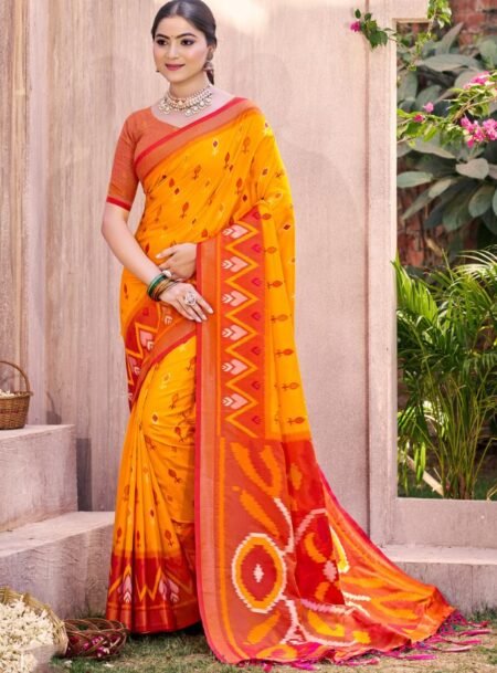 Yellow Pochampalli Silk Saree With Blouse Piece