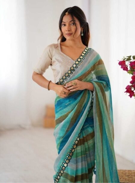 Sky Blue Chinon Striped Printed Saree With Blouse Piece