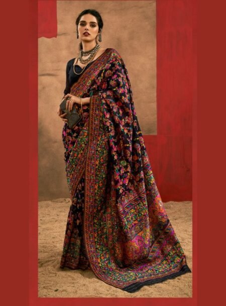 Desire Black Kashmiri Pashmina Weaved Saree With Blouse Piece